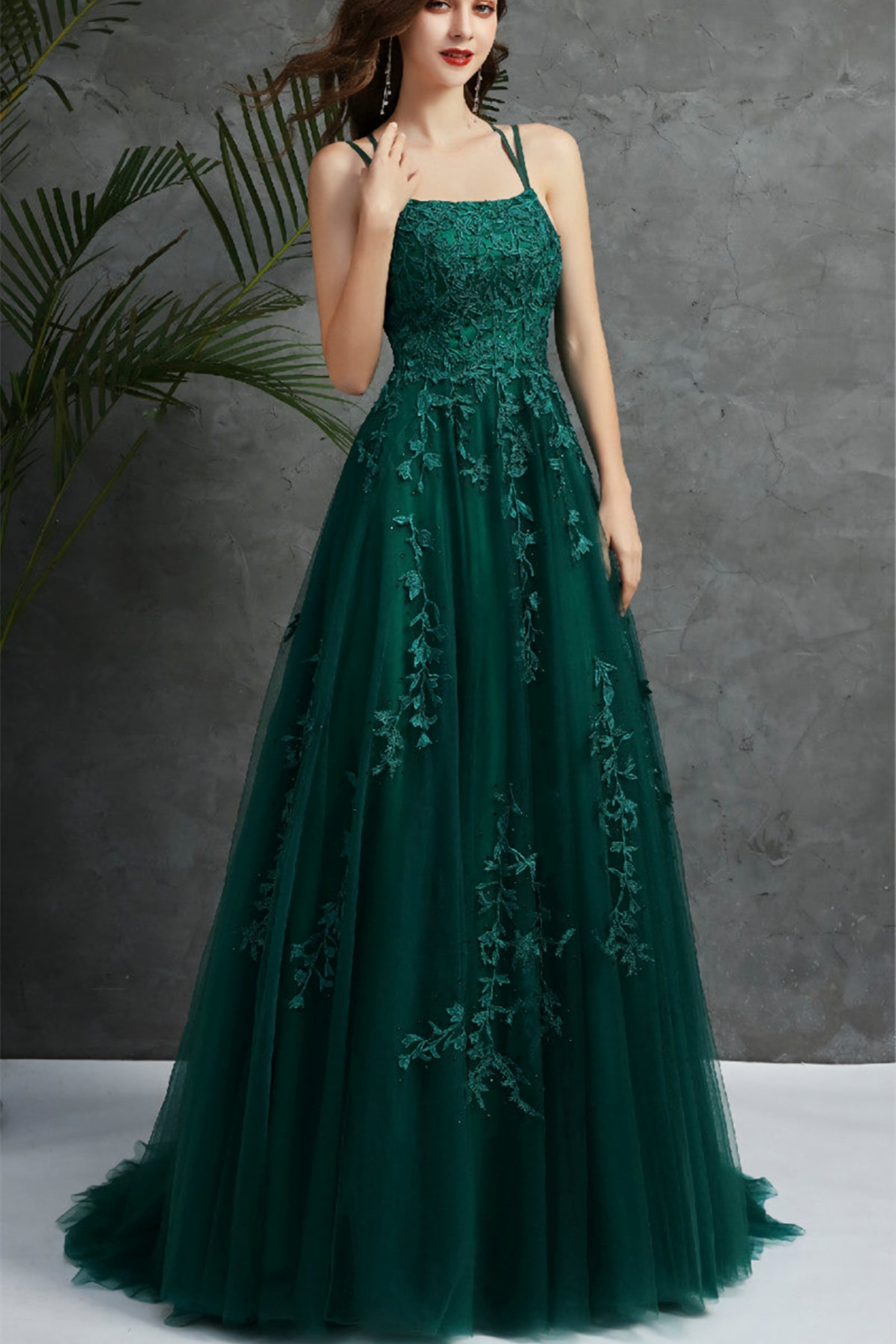 Prom Dresses Long Light Blue, Open Back Dark Green Tulle Lace Long Evening Dress, Dark Green Lace Formal Dresses