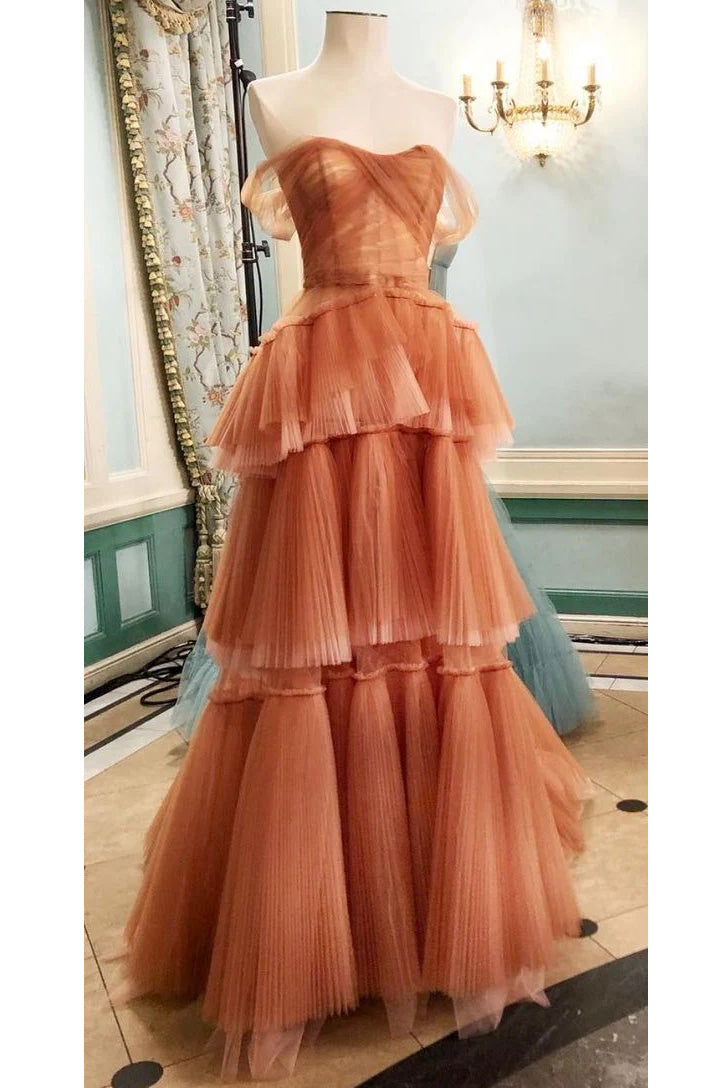 Party Dress Red Colour, Off the Shoulder Tulle Tiered Long Prom Dress,  A Line Evening Gown