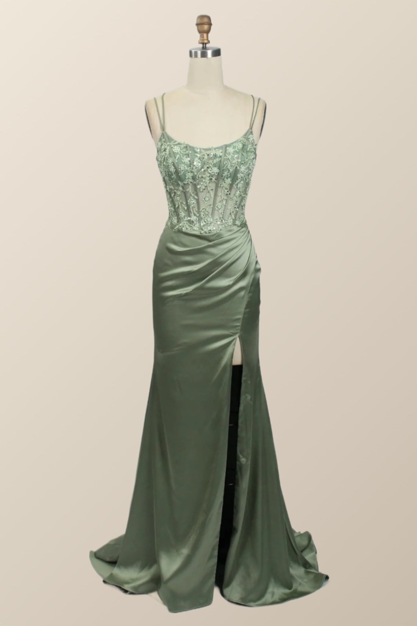Homecoming Dress Pockets, Sage Green Lace Appliques Mermaid Long Formal Dress