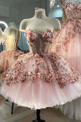 Prom Dresses Sage Green, Princess Sparkly Sweetheart Prom Dresses with 3d Flowers, Pink Quinceanera Dresses