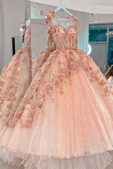 Prom Dresses Orange, Princess Sparkly Sweetheart Prom Dresses with 3d Flowers, Pink Quinceanera Dresses