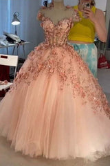 Prom Dress Long Sleeve Ball Gown, Princess Sparkly Sweetheart Prom Dresses with 3d Flowers, Pink Quinceanera Dresses