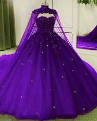 Evening Dresses Unique, Tulle Ball Gown Quinceanera Dresses, With Cape