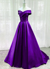 Formal Dresses Classy, Purple Satin Sweetheart Long Party Dress, Off Shoulder Purple Evening Dress