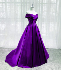 Formal Dresses Vintage, Purple Satin Sweetheart Long Party Dress, Off Shoulder Purple Evening Dress