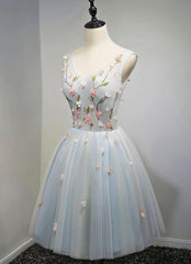 Party Dress Midi With Sleeves, Cute Light Blue Tulle Short Party Dress, Light Blue Formal Dress, Teen Homecoming Dress