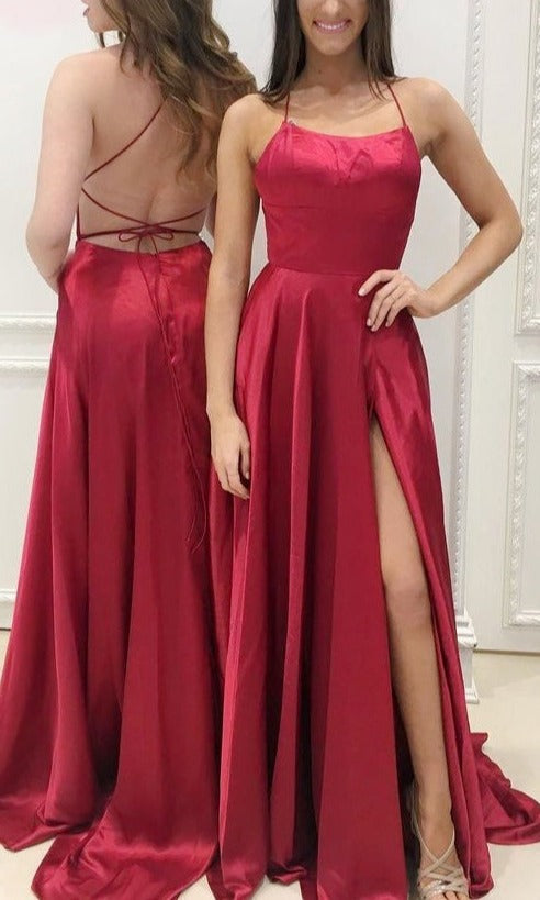 Prom Dresses Off Shoulder, Casual Red Simple Spaghetti Straps Backless Sweep Train Backless Prom Dresses With Pockets