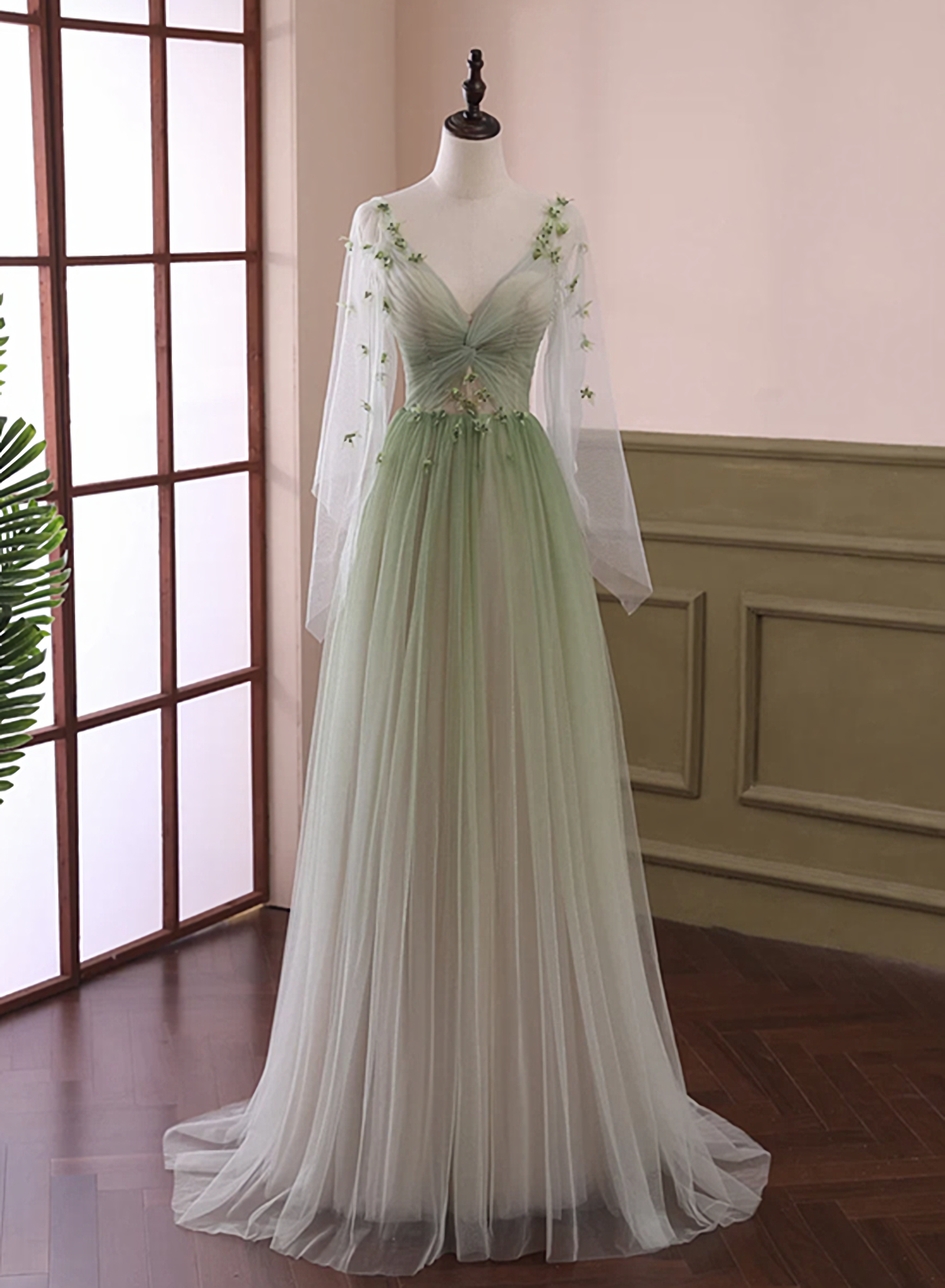 Formal Dress On Sale, Light Green Long Sleeves Gradient Tulle Party Dress, Green Floor Length Prom Dress