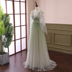Formal Dress Shops, Light Green Long Sleeves Gradient Tulle Party Dress, Green Floor Length Prom Dress