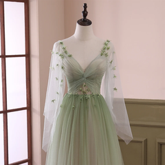 Formal Dresses Shops, Light Green Long Sleeves Gradient Tulle Party Dress, Green Floor Length Prom Dress