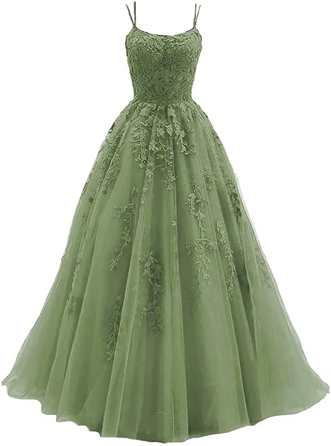Formal Dress Fashion, Green Lace Applique Tulle Long Straps Cross Back Long Party Dress, Green Junior Prom Dress
