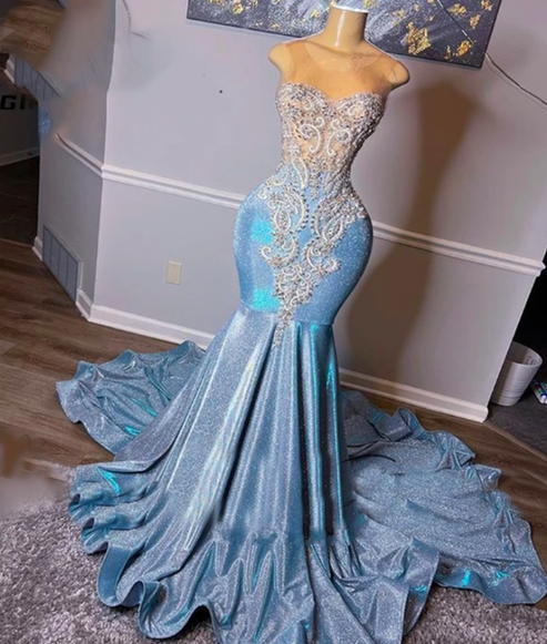 Evening Dress Designs, light blue prom dresses, crystal sequins evening gowns, mermaid prom dress
