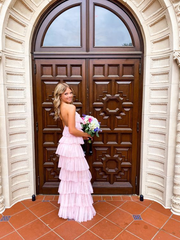 Prom Dresses With Short, Halter Neck Pink Long Prom Dress Layered Senior Party Dress 2204
