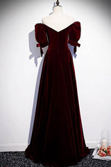 Classy Outfit, Modest Burgundy Long Prom Dresses with Short Sleeves Vintage Evening Gown