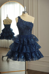 Party Dress Designs, Dark Navy One Shoulder Appliques Multi-Layers Tulle Homecoming Dress