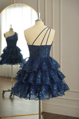 Party Dress Teens, Dark Navy One Shoulder Appliques Multi-Layers Tulle Homecoming Dress