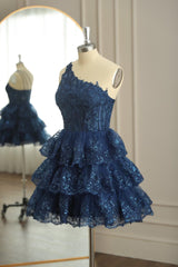 Party Dress Design, Dark Navy One Shoulder Appliques Multi-Layers Tulle Homecoming Dress