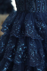Party Dress Maxi, Dark Navy One Shoulder Appliques Multi-Layers Tulle Homecoming Dress