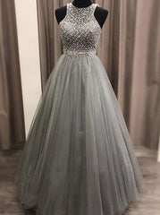 Party Dresses For Girls, Gorgeous c A-line Scoop Beaded Long Prom Dresses Evening Gowns