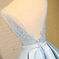 Bridesmaid Dresses Strapless, Blue A Line Princess V Neck Backless Appliques Homecoming Dresses