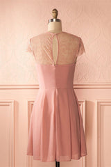 Lace Dress, Short Cap Sleeves Pink Chiffon Bridesmaid Dress