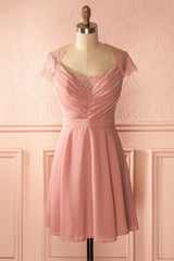 Ranch Dress, Short Cap Sleeves Pink Chiffon Bridesmaid Dress