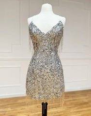 Prom Dress For Girl, Silver V-Neck Glitter Sequin Homecoming Dress With Tassel