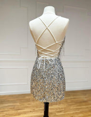 Prom Dresses For Short Girl, Silver V-Neck Glitter Sequin Homecoming Dress With Tassel