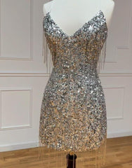 Prom Dress For Short Girl, Silver V-Neck Glitter Sequin Homecoming Dress With Tassel