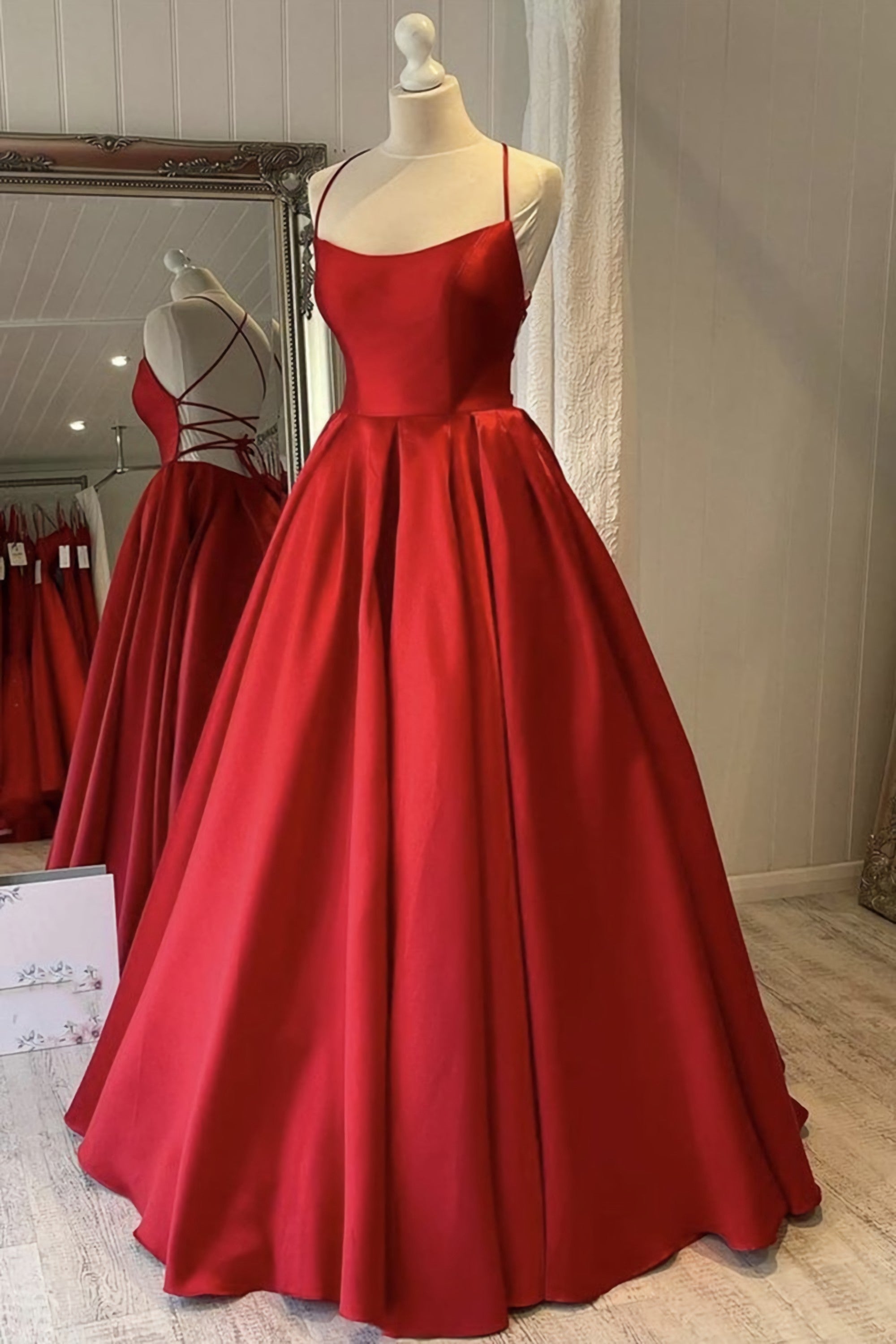 Evening Dresses Boutique, Simple Backless Red Satin Long Prom Dress, Open Back Formal Dresses, Red Evening Gown