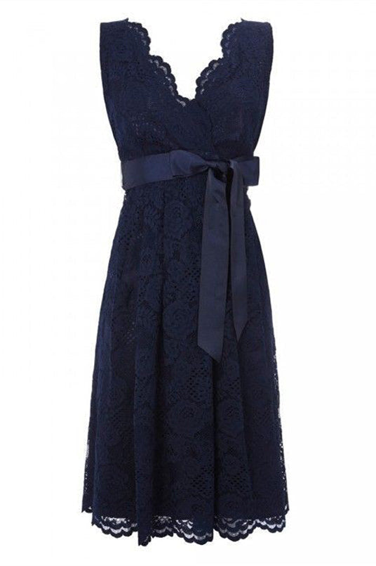 On Piece Dress, Simple V Neck Short Lace Navy Blue Bridesmaid Dress with Sash