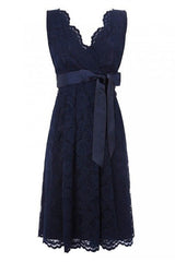 On Piece Dress, Simple V Neck Short Lace Navy Blue Bridesmaid Dress with Sash