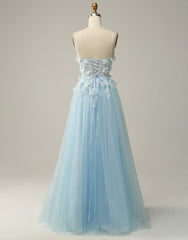 Prom Dress Designers, Sky Blue A-Line Spaghetti Straps Tulle Prom Dress With 3D Appliques