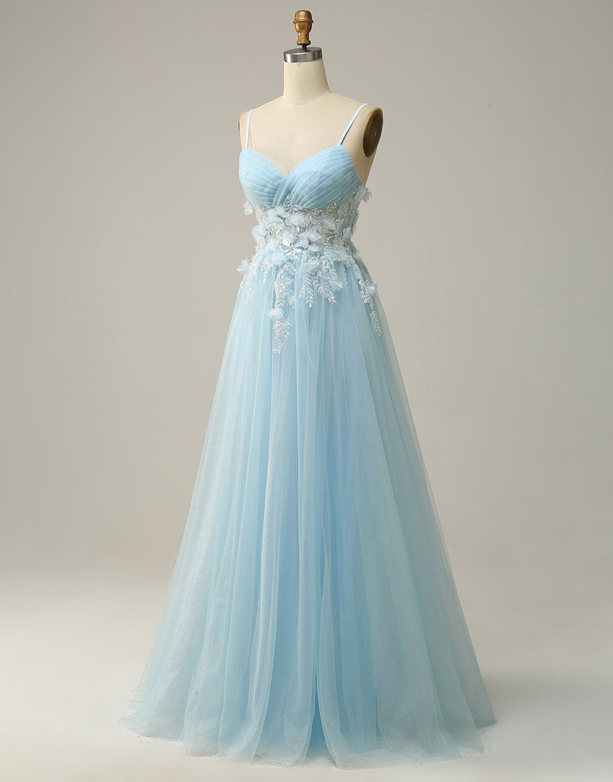 Prom Dress Design, Sky Blue A-Line Spaghetti Straps Tulle Prom Dress With 3D Appliques