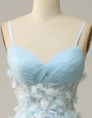 Prom Dresses Designers, Sky Blue A-Line Spaghetti Straps Tulle Prom Dress With 3D Appliques