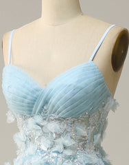 Prom Dresses Designs, Sky Blue A-Line Spaghetti Straps Tulle Prom Dress With 3D Appliques