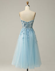 Prom Dresses Websites, Sky Blue A-Line Tea Length Strapless Party Dress With Beading