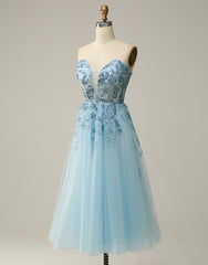 Prom Dress Website, Sky Blue A-Line Tea Length Strapless Party Dress With Beading