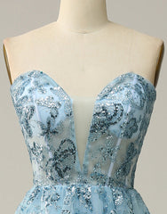 Prom Dress Websites, Sky Blue A-Line Tea Length Strapless Party Dress With Beading