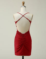 Formal Dresses For Weddings Mother Of The Bride, Dark Red Bodycon Spaghetti Straps Short Homecoming Dress