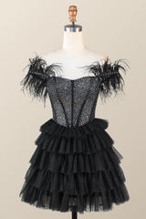 Prom Dresses Chicago, Feather Off the Shoulder Beaded Black Tiered Short Dress