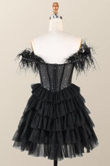 Prom Dress Glitter, Feather Off the Shoulder Beaded Black Tiered Short Dress