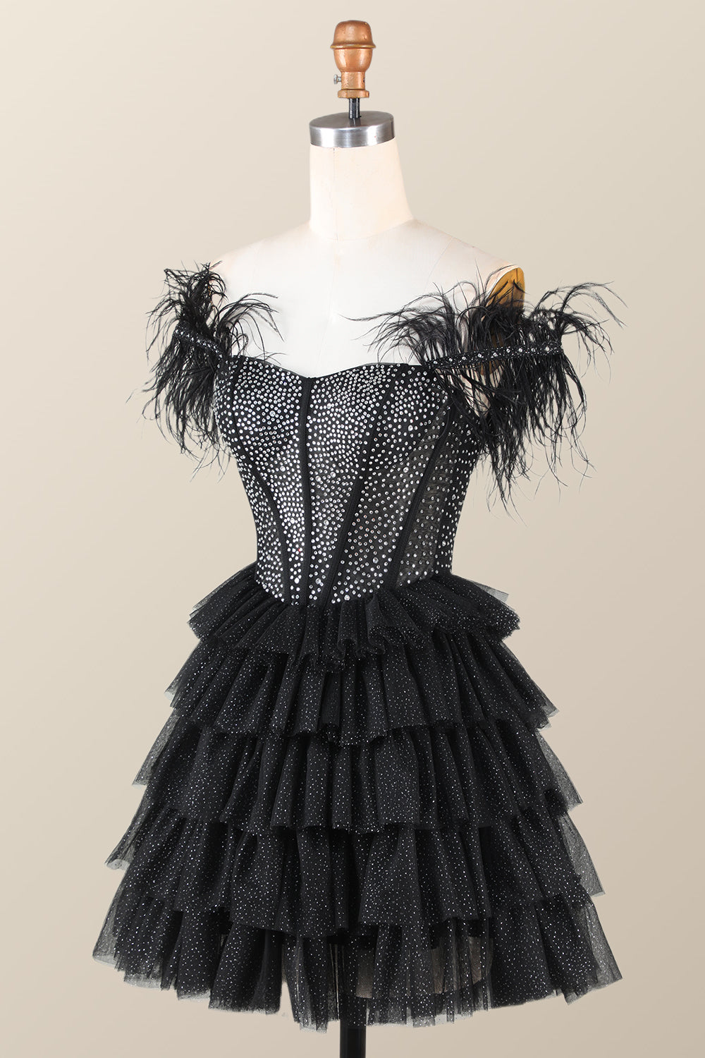 Prom Dress Chicago, Feather Off the Shoulder Beaded Black Tiered Short Dress