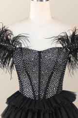 Prom Dresses Glitter, Feather Off the Shoulder Beaded Black Tiered Short Dress