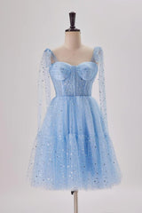 Bridesmaid Dresses Pink, Starry Light Blue Tulle A-line Princess Dress