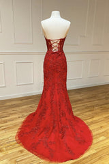 Formal Dresses For Wedding, Strapless Sweetheart Neck Mermaid Red Lace Long Prom Dress, Mermaid Red Lace Formal Dress, Red Lace Evening Dress