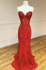 Formal Dresses And Gowns, Strapless Sweetheart Neck Mermaid Red Lace Long Prom Dress, Mermaid Red Lace Formal Dress, Red Lace Evening Dress