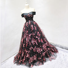 Modest Dress, Black Tulle Off Shoulder Flowers Elegant Lace Up Evening Party Gown Black Formal Dress