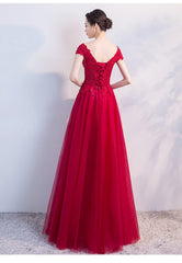 Tulle Dress, Red Tulle Cap Sleeves Long Prom Dress 2024 A Line Party Dress