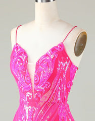 Prom Dress Long Formal Evening Gown, Sparkly Hot Pink Spaghetti Straps Tight Sequins Homecoming Dress